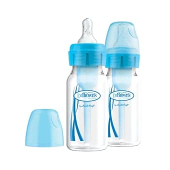DR. BROWN'S siauro kaklelio buteliukas OPTIONS+, mėlyna spalva, 2 vnt., 120 ml+žindukas, 0–3 mėn., 2 vnt., + valymo šepetėlis, 1 vnt.