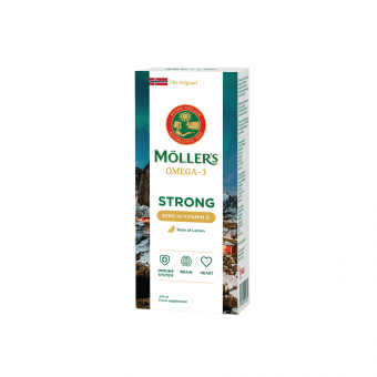 MÖLLER'S STRONG VITAMIN D žuvų taukai, citrinų skonio, 250 ml