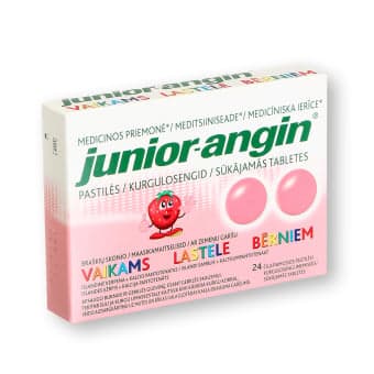 JUNIOR-ANGIN vaikiškos pastilės, braškių skonio, nuo 4 m., 24 Pastilės