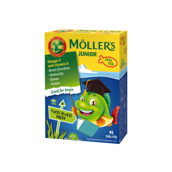 MÖLLER'S  žuvų taukai JUNIOR, vaisių skonio, nuo 3 m., 45 kramtomosios tabletės