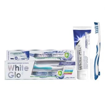WHITE GLO balinamoji dantų pasta su burnos skalavimo skysčiu ANTIBACTERIAL PROTECT, 150 g+dantų šepetėlis „Pro-Soft“ ir 8 dantų krapštukai