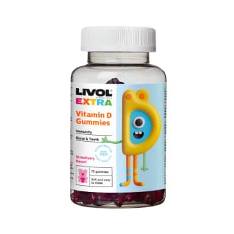 LIVOL EXTRA vitaminas D, braškių skonio, 75 Guminukai