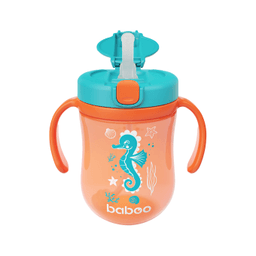 BABOO gertuvė su silikoniniu šiaudeliu ir svareliu SEALIFE,  oranžinė spalva, nuo 9 mėn., 300 ml