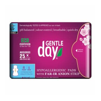 GENTLE DAY ekologiški naktiniai higieniniai paketai su anijonų juostele FAR-IR ANION, 8 vnt.