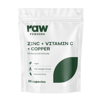 RAW POWDERS CINKAS + VITAMINAS C + VARIS, 90 kapsulių