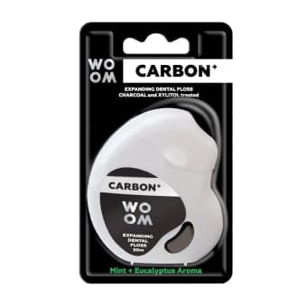 WOOM dantų siūlas su aktyvuota anglimi CARBON+, mėtų ir eukalipto skonio, 30 m