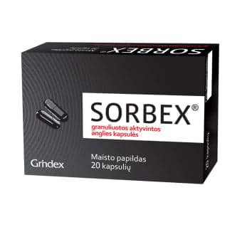 GRINDEX granuliuotos aktyvintos anglies kapsulės SORBEX, 20 kapsulių