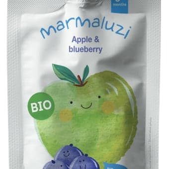 MARMALUZI ekologiška obuolių ir mėlynių tyrelė, nuo 6 mėn., LT-EKO-001, 90 g