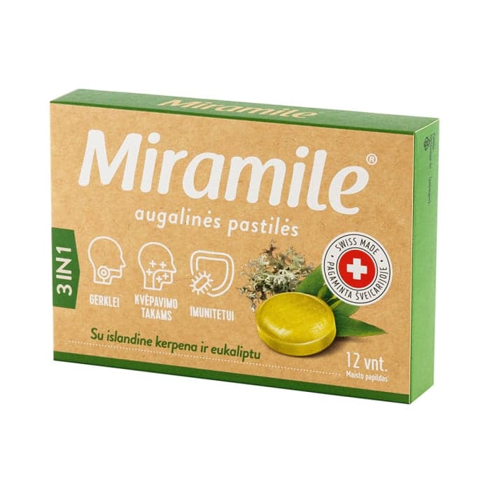 MIRAMILE® augalinės pastilės su islandine kerpena ir eukaliptu 3IN1, 12 vnt.