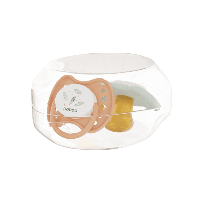 BABOO® Calmy lateksinis ortodontinis čiulptukas (2 vnt) su sterilizavimo dėžute, Peachy Keen, 0+ mėn, 2 vnt.-2