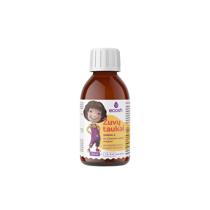 ECOSH KAKĖ MAKĖ Žuvų taukai su Camelina sativa aliejumi, Tutti Frutti skonio, 150 ml
