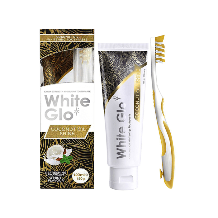 WHITE GLO balinamoji dantų pasta su kokosų aliejumi COCONUT OIL SHINE, 150 g+Dantų šepetėlis „Pro-Soft“