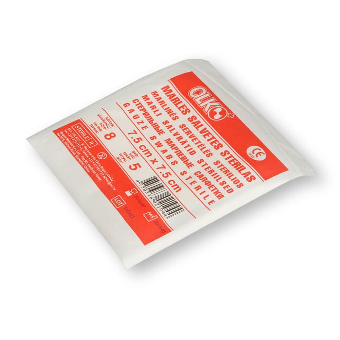 OLKO marlinės sterilios servetėlės, 7,5 cm x 5 cm, 5 vnt.