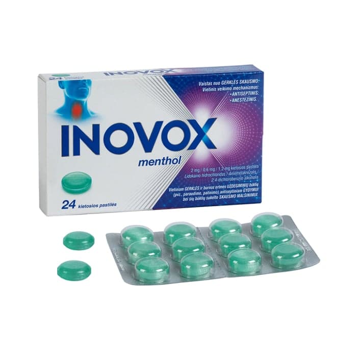 INOVOX MENTHOL, 2 mg / 0,6 mg / 1,2 mg, kietosios pastilės, N24-1