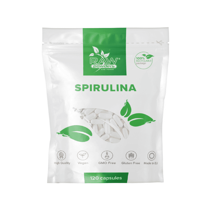 RAW POWDERS SPIRULINA, 120 kapsulių