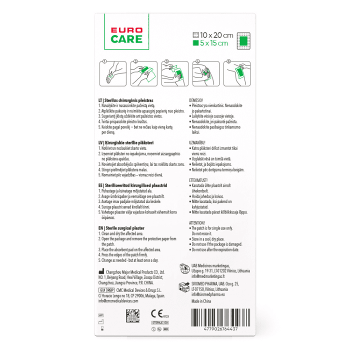 EUROCARE sterilus chirurginis pleistras, 10 x 20 cm, 1 vnt.-1