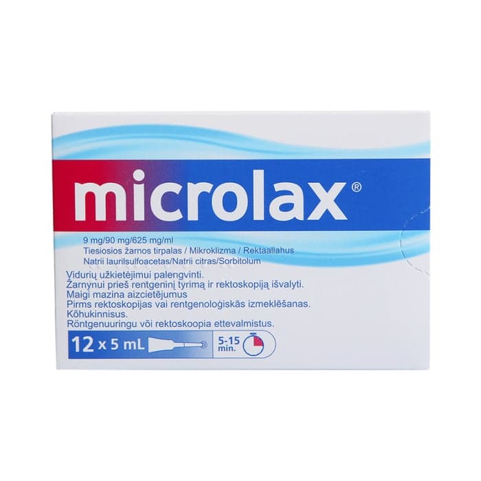 Microlax 625mg+90mg+9mg/ml, 5 ml, tiesiosios žarnos tirpalas, N12-1
