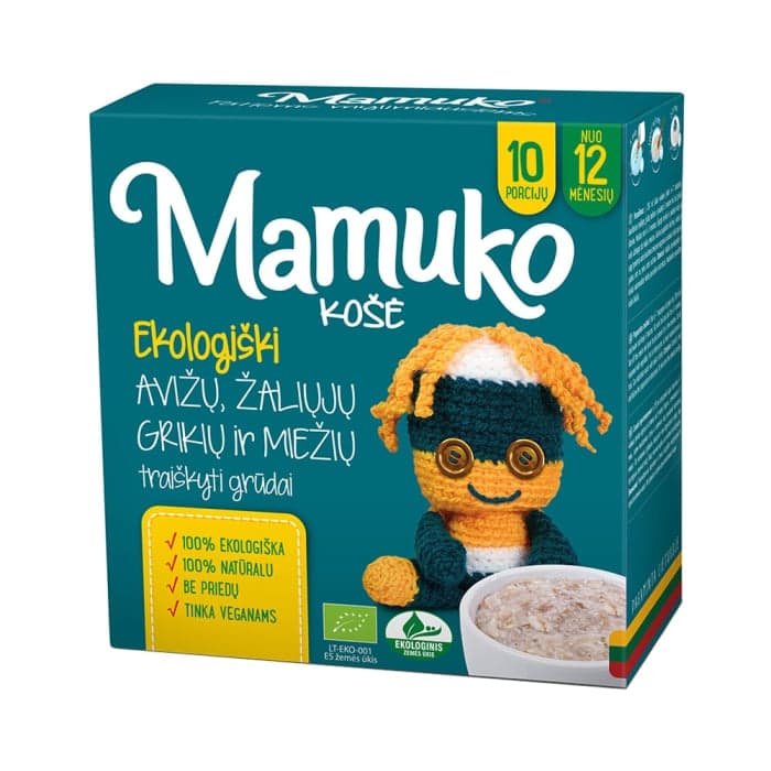 MAMUKO ekologiška traiškytų žaliųjų grikių, miežių ir avižų košė, nuo 12 mėn., LT-EKO-001, 240 g