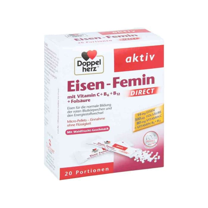 DOPPELHERZ AKTIV IRON-FEMIN DIRECT, miško uogų skonio, nuo 14 m., 20 pakelių