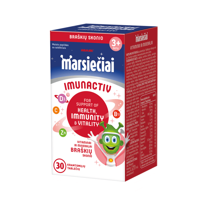 MARSIEČIAI IMUNACTIV vaikų imunitetui, braškių skonio, 30 kramtomųjų tablečių