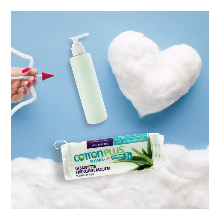 COTTON PLUS 2 IN 1 sausi vatos lapeliai jau su pieneliu makiažui valyti ALOE VERA, 60 vnt.-2