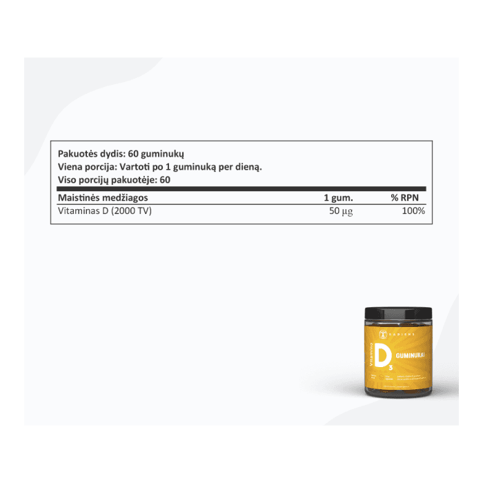 SAPIENS vitamino D3 guminukai, nuo 6 m., apelsinų skonio, 60 guminukų-2