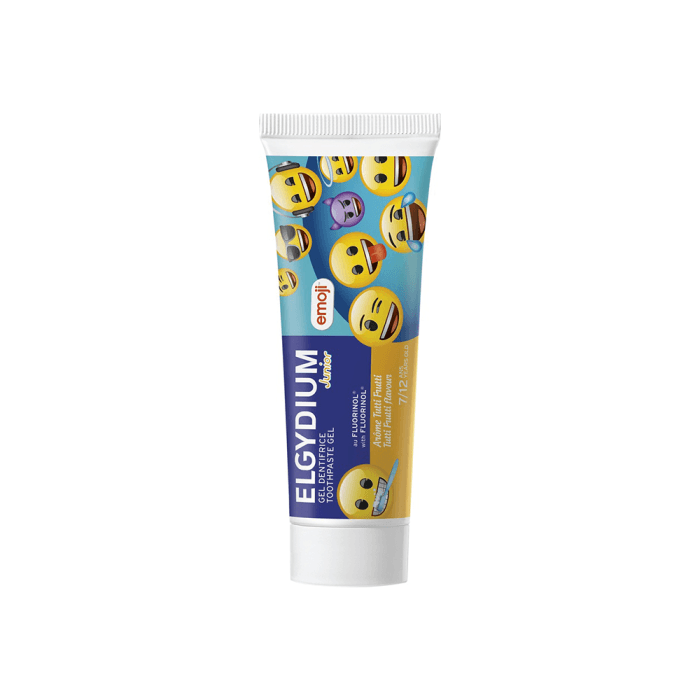 ELGYDIUM dantų pasta gelis vaikams JUNIOR Tutti-Frutti ėduonies kontrolei, Emoji, vaisių skonio, 7-12 m., 50 ml-2