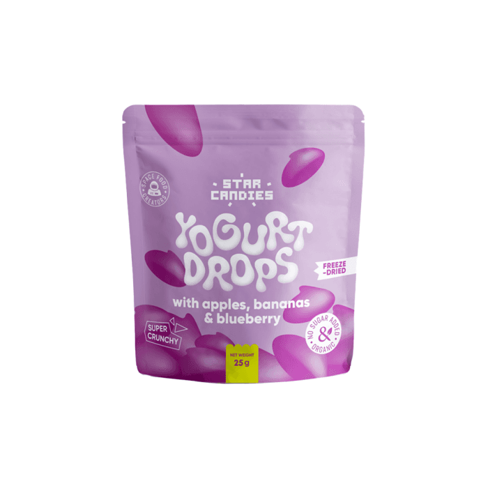 STAR CANDIES Ekologiški obuolių, bananų ir mėlynių skonio jogurtiniai kasneliai, (LT-EKO-001), 25 g