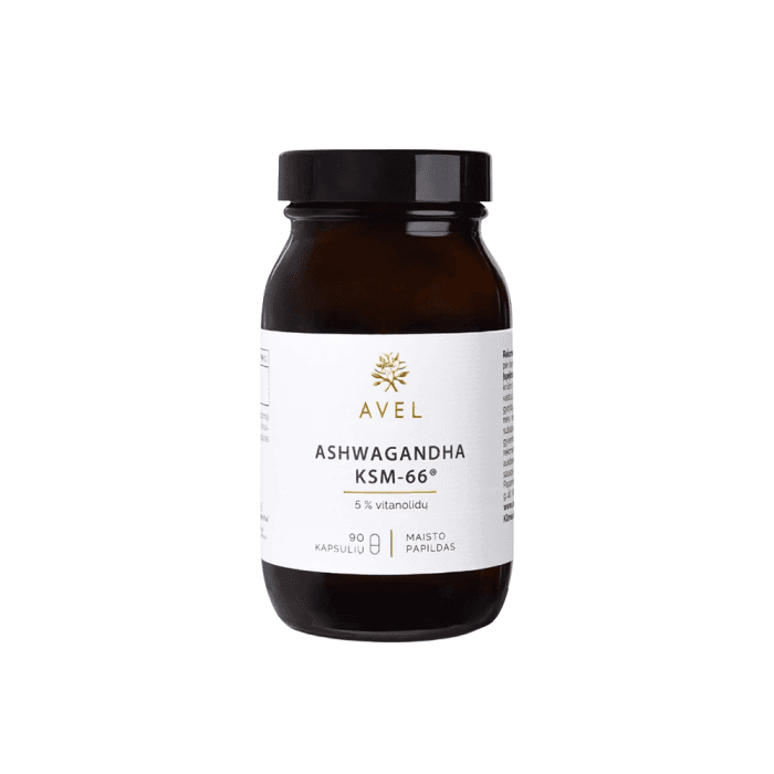 AVEL ASHWAGANDHA KSM-66® 5% vitanolidų, 90 kapsulių
