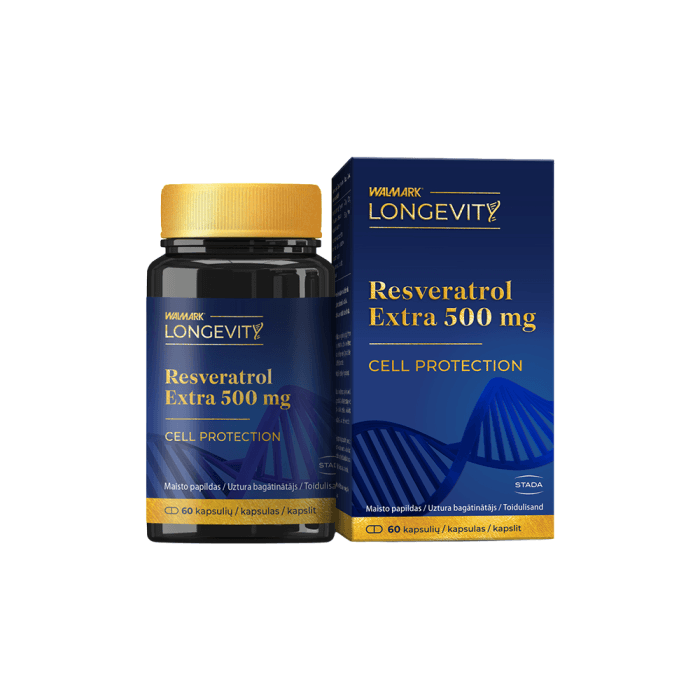 WALMARK LONGEVIT Resveratrol Extra 500 mg, 60 kapsulių