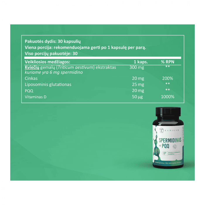 SAPIENS Spermidinas + PQQ, 30 kapsulių-2
