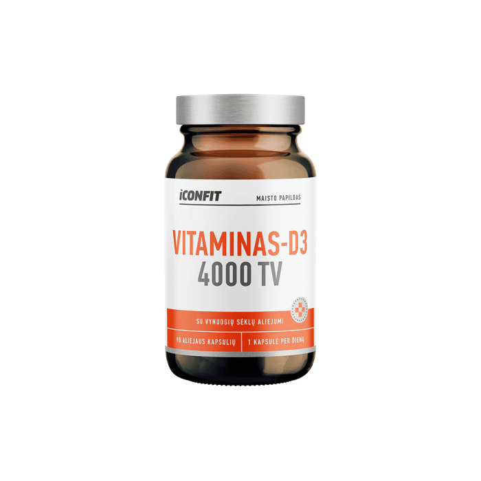 ICONFIT vitaminas D3 su vynuogių sėklų aliejumi, 4000 TV, 90 kapsulių