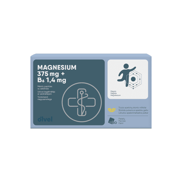 OLVEL MAGNIS 375 MG + B6 1,4 MG, apelsinų skonio, nuo 12 m., 30 pakelių