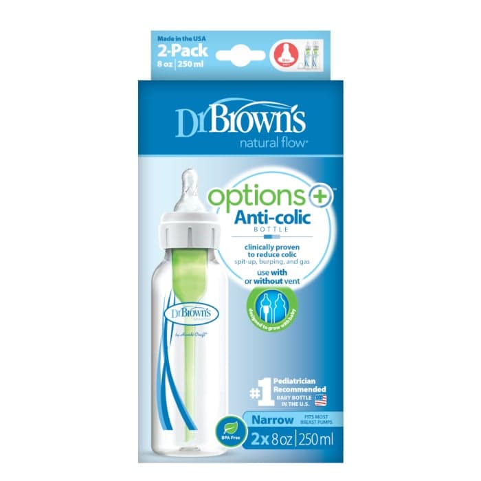 DR. BROWN'S siauro kaklelio buteliukai OPTIONS+, 250 ml x 2 vnt.+žindukai, 0–3 mėn., 2 vnt., + valymo šepetėlis, 1 vnt.-1