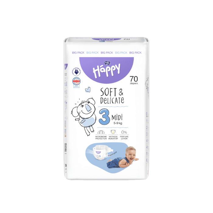 HAPPY sauskelnės MIDI, 5–9 kg, bekvapės, 70 vnt.