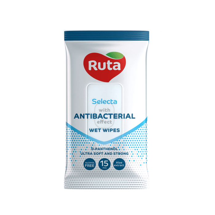 RUTA  antibakterinės drėgnos servetėlės SELECTA, 15 vnt., 1 vnt.-1