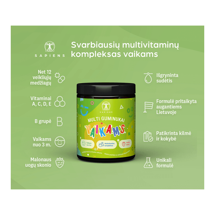 SAPIENS multiguminukai vaikams, nuo 3 m., aviečių skonio, 60 guminukų-1