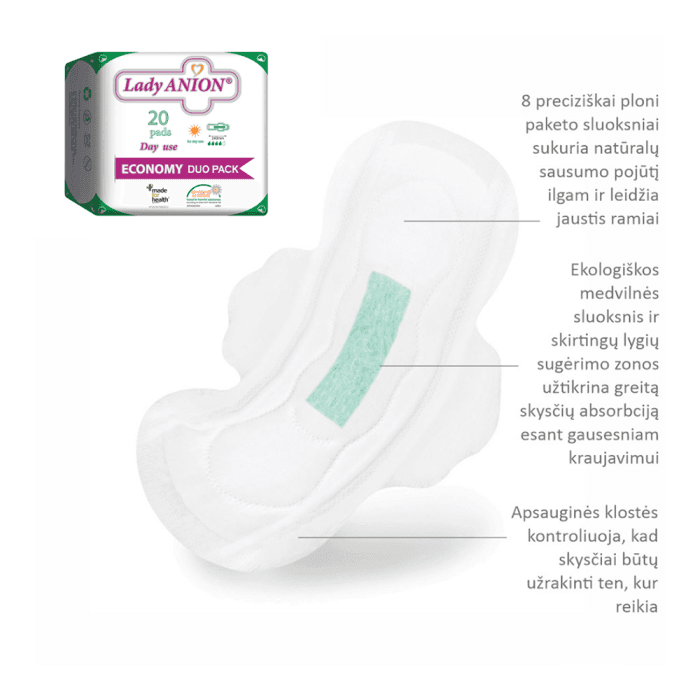 LADY ANION dieniniai paketai su anijonų juostele DUO PACK, LT-EKO-001, 20 vnt.-1