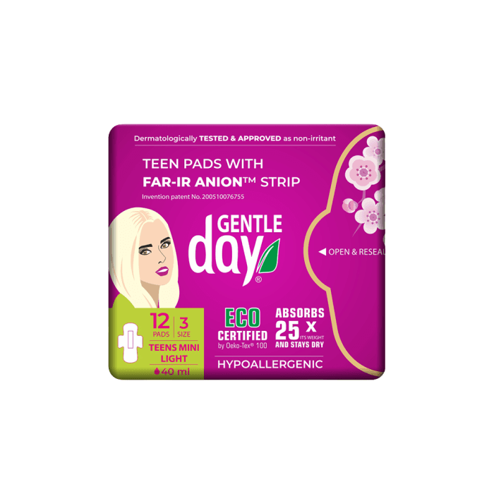 GENTLE DAY ekologiški paketai su sparneliais ir su FAR-IR ANION juostele TEENS MINI, 12 vnt.-1