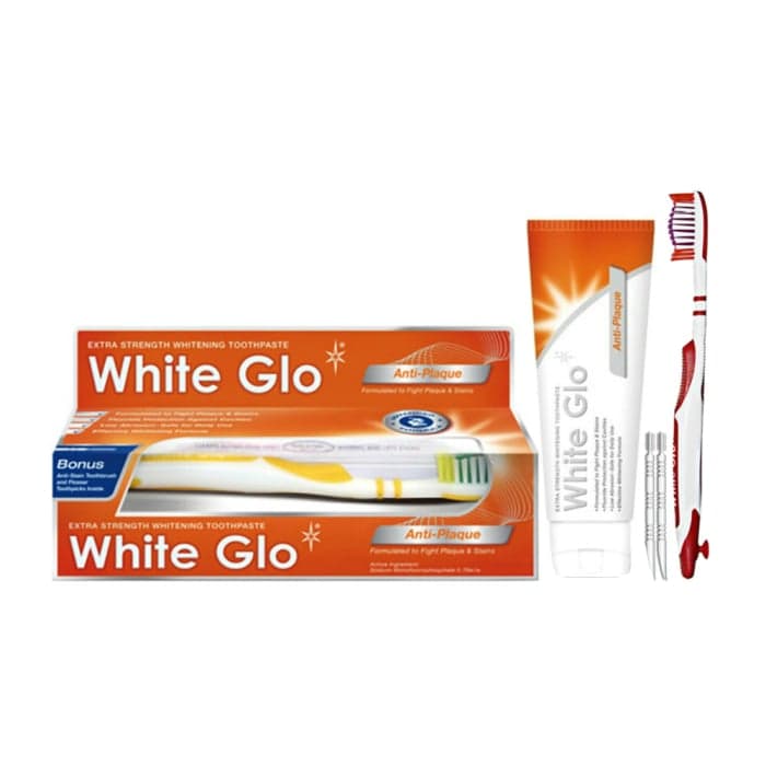 WHITE GLO balinamoji dantų pasta nuo apnašų kaupimosi ANTI-PLAQUE, 150 g+Dantų šepetėlis ir 8 dantų krapštukai