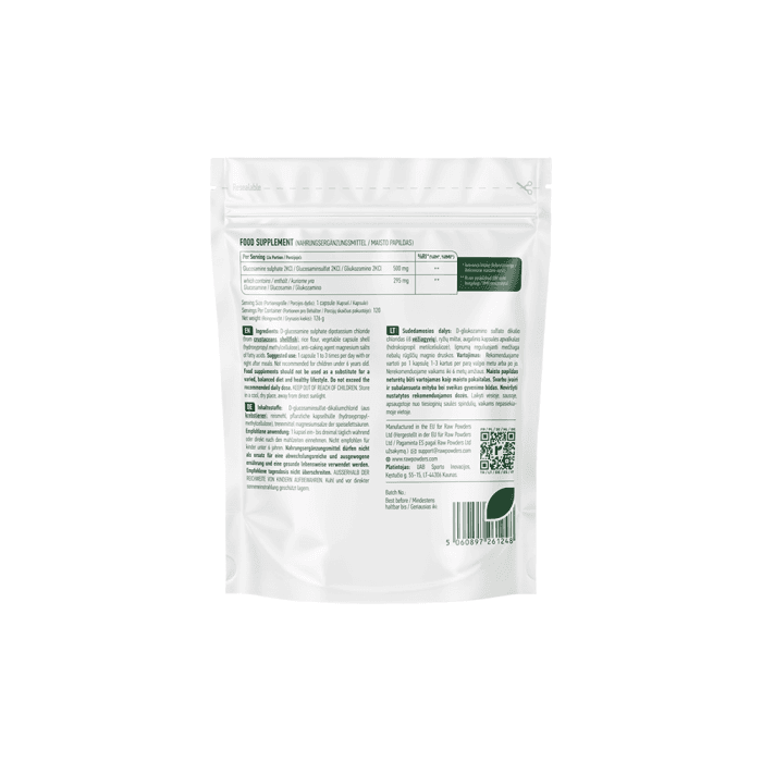 RAW POWDERS, Gliukozaminas (Glucosamine) 500 mg, 120 kapsulių-1