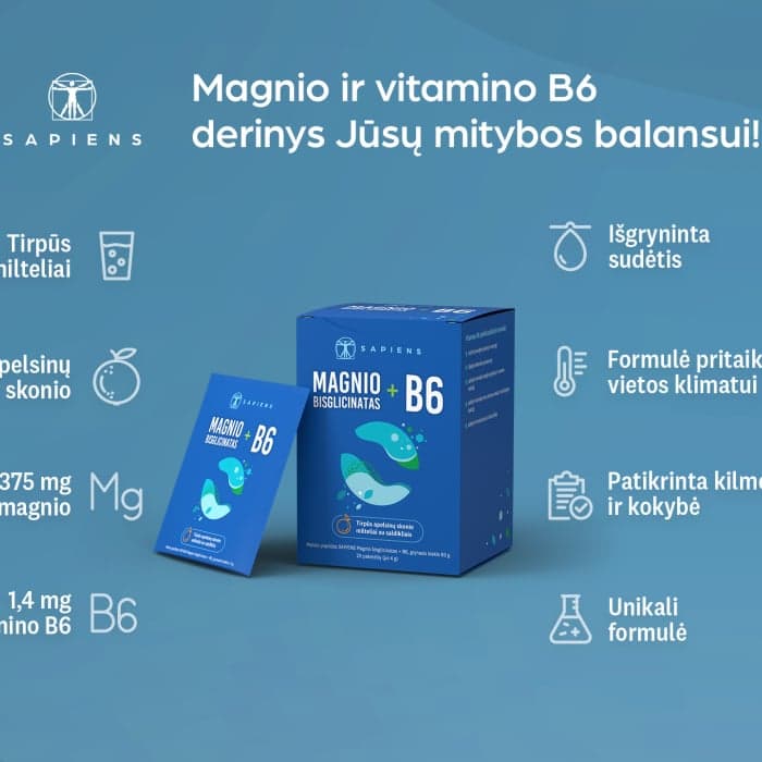 SAPIENS Magnio bisglicinatas + B6, 20 paketėlių-1