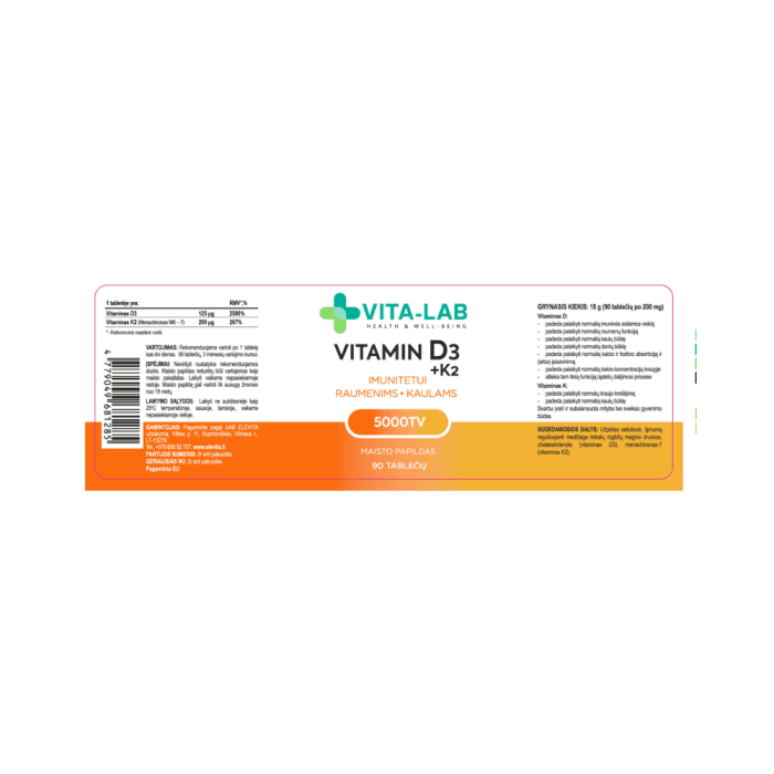 VITA-LAB, Vitaminas D3 5000 + K2 200 µg, 90 tablečių-1
