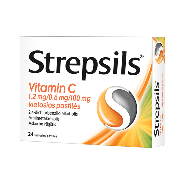 STREPSILS Vitamin C, 1,2mg/0,6mg/100mg, kietosios pastilės, N24-2
