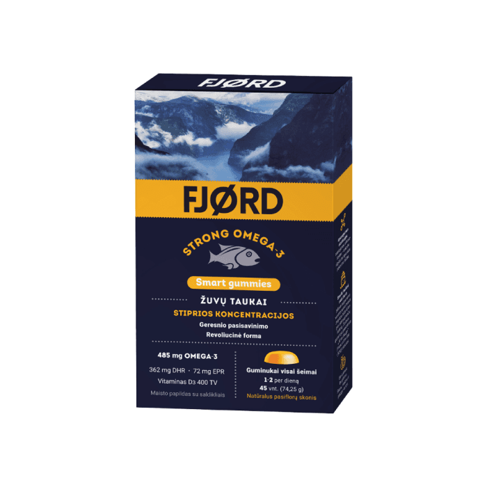 FJØRD STRONG OMEGA-3 SMART GUMMIES, pasiflorų skonio, 45 Guminukai