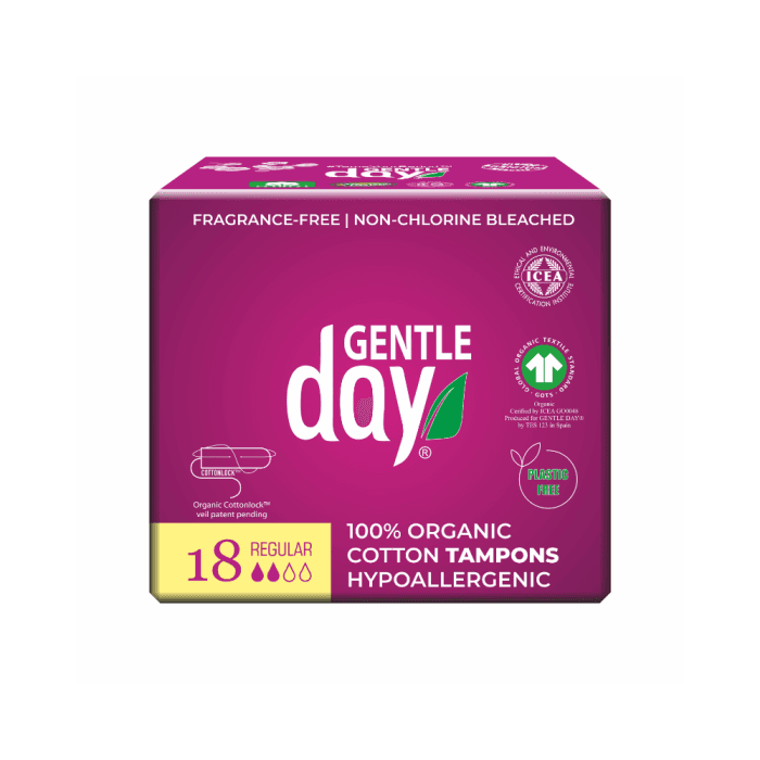 GENTLE DAY® ekologiškos medvilnės tamponai REGULAR, bekvapiai, LT-EKO-001, 18 vnt.