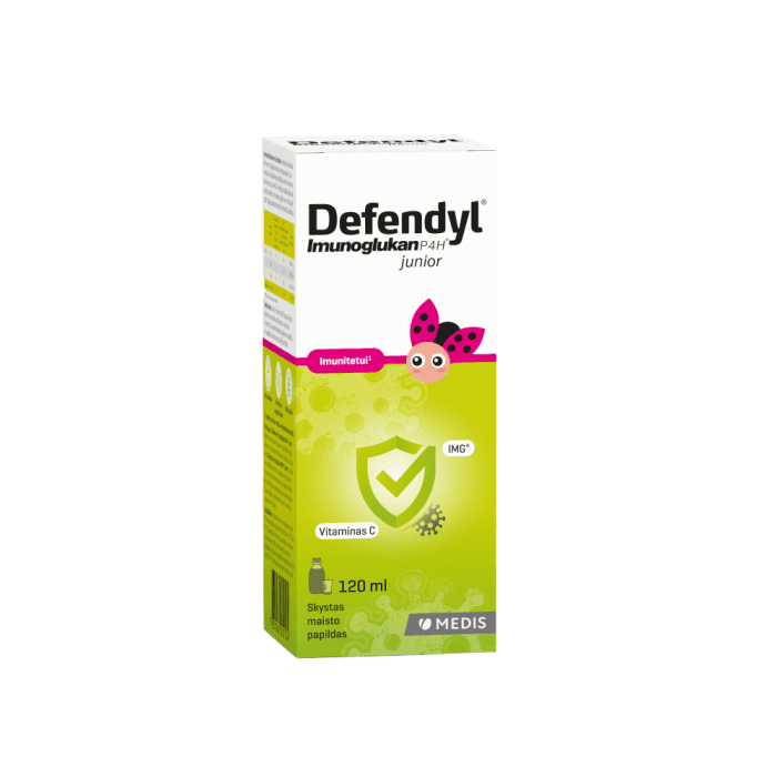 DEFENDYL imunitetui IMUNOGLUKAN P4H JUNIOR, 120 ml+pakuotėje yra ir dozavimo taurelė-1