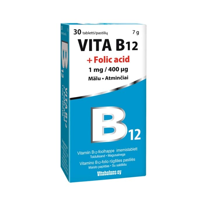 VITA B12 + folio rūgštis, mėtų skonio, 30 pastilių