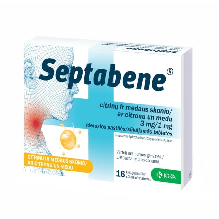 SEPTABENE citrinų ir medaus skonio, 3 mg/1 mg, kietosios pastilės, N16