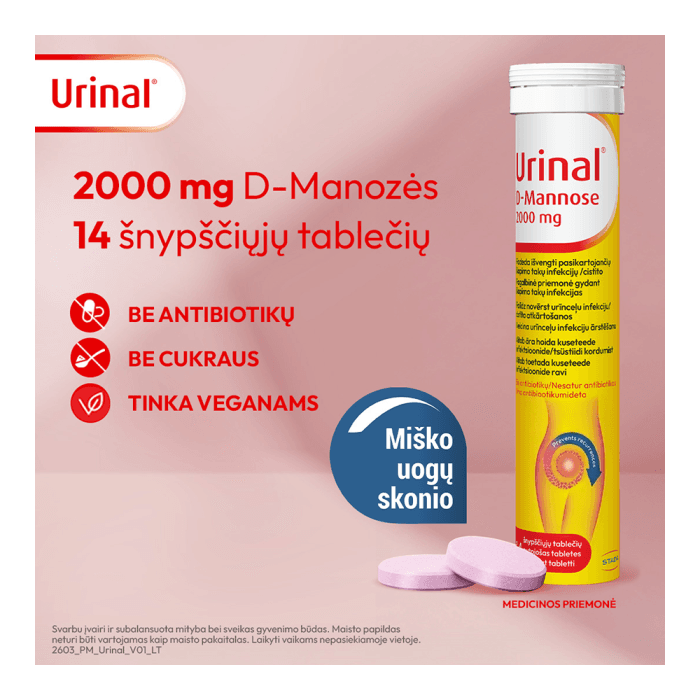 URINAL D-Mannose 2000mg, 14 šnypščiųjų tablečių-2